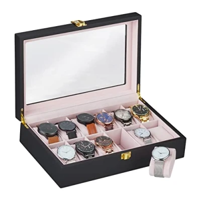 Image of Watch Box, 12 Compartments, Glass Viewing Window, Velvet Cushion, 8.5 x 31.5 21 cm, Storage Case, Black/Pink Relaxdays