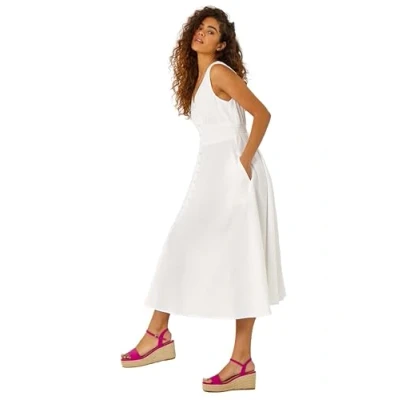 Image of Roman Originals Women Textured Stripe Button Detail Midi Dress Ladies Spring Everyday Summer Holiday Sleeveless Soft V Neckline Comfy Empire Frock Vacation Gowns White Size 20