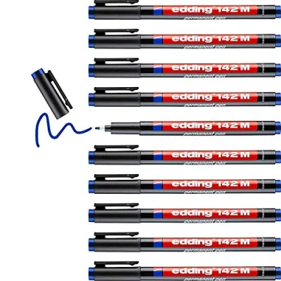 Image of edding 142 M permanent pen blue 10 pens round nib 1 mm for writing on glass, plastic, foils and smooth surfaces permanent, quick drying, smudge proof waterproof
