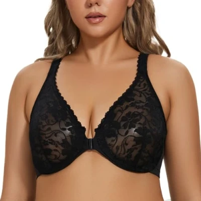 Image of MELENECA Women&#039;s Front Fastening Underwire Plus Size Racerback Non Padded Sexy Lace Bra Black 36G