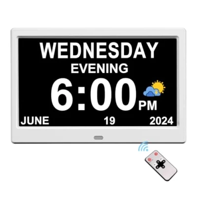 Image of CAZOKASI Digital Clock with Date and Day of Week for Elderly 8 Alarms Medication Reminder Dementia Alzheimers Calendar Extra Large Display (White / 10.1 inch)