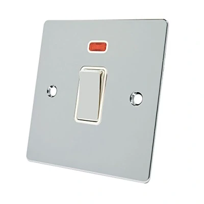 Image of Alliance Electrical FPC20ASWIWC Polished Chrome Flat 20 Amp DP White Insert Metal Rocker Switch 20A Double Pole w/Neon Indicator