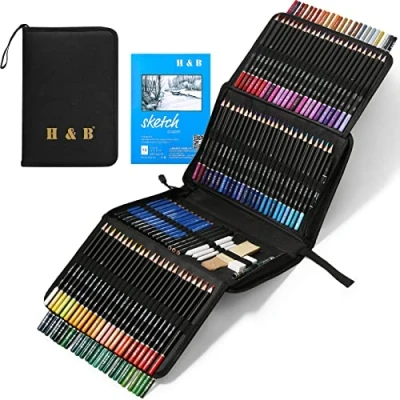 Image of H &amp; B Coloured Pencils and Sketch 145 Pcs with Book Case,Artist Colouring Pencil Professional Drawing Set for Children,Artists Adult,Painter Ideal Sketching Kids