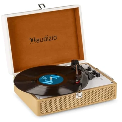 Image of Audizio RP119 Briefcase Vinyl Player with Bluetooth In/Out Gold 3 Speed Turntable, Built In Speakers, RCA Output Portable Record Player, Elegant Design