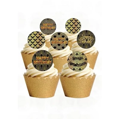 Image of 24 Pre Cut Art Deco Happy Birthday Party Themed Edible Wafer Paper Round Cake Toppers Decorations