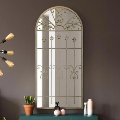 Image of The Somerley Extra Large Rustic Framed Arched Gothic Window Style Leaner Wall Mirror 63&quot; X 30&quot; (160CM 75CM) Stone Colour