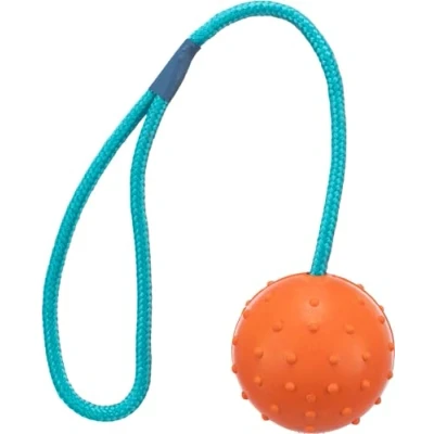 Image of Trixie 3305 Ball on rope, natural rubber, ø 6/30 cm, orange/turquoise, pack of 1, dog, sizes all breeds, fetch, tug war