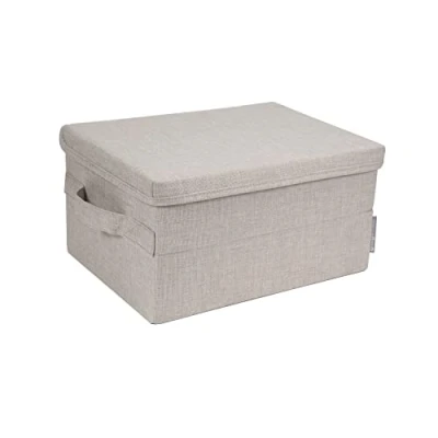 Image of Bigso Box of Sweden Small Storage with Lid and Handle Fabric Made Polyester Cardboard in Linen Look Folding Container for Clothes, Accessories, Toys etc. Beige