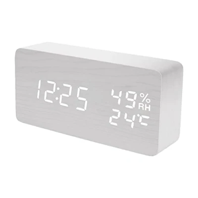 Image of Raercodia Alarm Clock for Bedside Modern Wood Digital Snooze LED Desk Display Time Temperature Humidity Brightness Adjustable Home Kids Bedroom Office(White,White)