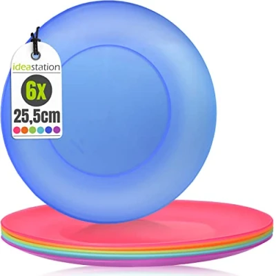 Image of idea station NEO Plastic Plates 6 x 25.5 cm Colourful Reusable Kids Perfect Party and Picnic for Camping, Outdoor Childrens Dishwasher Safe Family Friendly