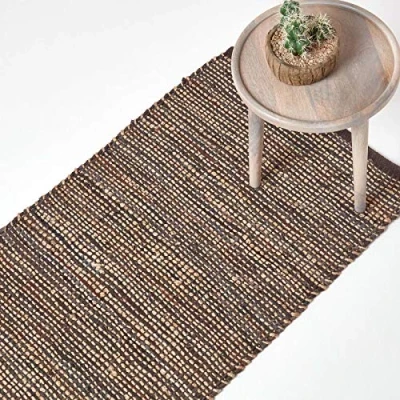 Image of HOMESCAPES Leather Hemp Runner Brown 66x200cm Recycled Eco Friendly 100% Natural rug Hall