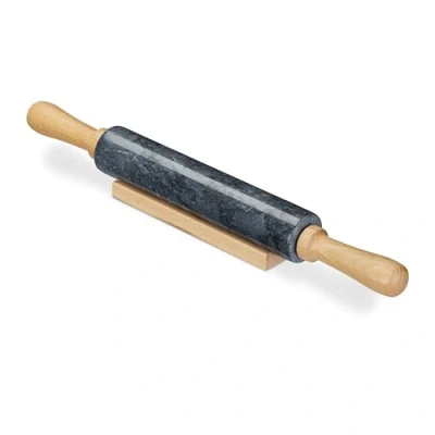 Image of Relaxdays 10028837_46 Rodillo cocina mármol y Madera Marble Rolling Pin, Wooden Handles, Roller for Cooking and Baking, with Stand, Heavy, Black