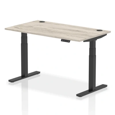 Image of Air 1400x800mm Height Adjustable Desk Grey Oak Cable Ports Black Leg