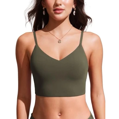 Image of CRZ YOGA Women&#039;s Bikini Tops Adjustable Spaghetti Straps Swimsuit Padded Athletic Bathing Suit Dark Olive 14