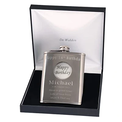 Image of 18th Birthday Engraved Hip Flask Happy Feature in Gift Box