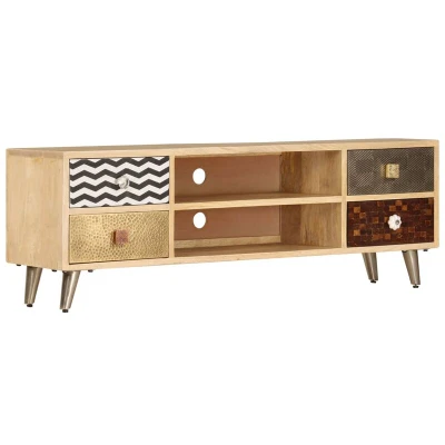 Image of vidaXL Solid Mango Wood TV Cabinet Antique style Wooden Media Unit with 2 Compartments and Storage Vintage Charm Stand for Living Room, Bedroom, Office Brown
