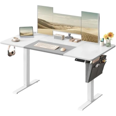 Image of VASAGLE Electric Standing Desk, Height Adjustable 60 x 140 (72 120) cm, 4 Memory Heights, Storage Pocket, for Home Office, Study, Cloud White and Matte LSD016W12V1