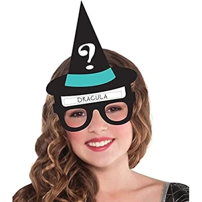 Image of Amscan 9907461 Hallo ween Friends Game 6x Glasses, 24x Stickers Witch Hat Halloween Guessing 2 Pcs, Multicoloured