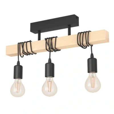 Image of Eglo Townshend Ceiling Light Fitting, 3 Vintage lamp in Industrial Design, Retro Pendant Made of blacksteel and Natural Wood, FSC Certified, E27 Socket