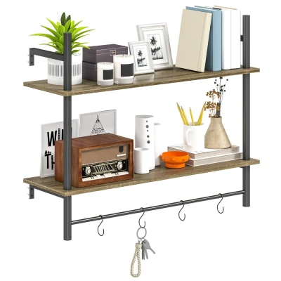 Image of HOMCOM Wall Mounted Floating Shelves with 4 Hooks, Rustic for Living Room, Entryway, Grey