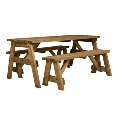 Image of Arbor Garden Solutions Wooden picnic table and benches set, Victoria compact patio furniture (7ft, Rustic Brown)