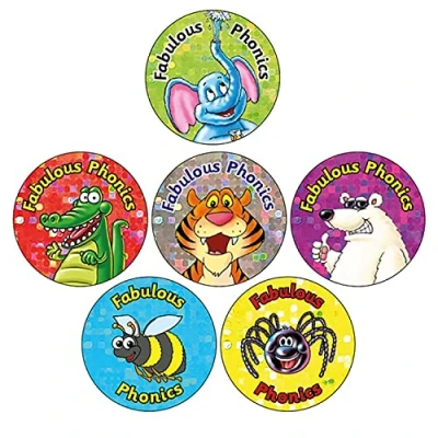 Image of 280 Holographic Sparkly Fabulous Phonics Motivational Childrens Pupils School Teachers Praise Reward Stickers Value Pack 20mm Primary Teaching Services