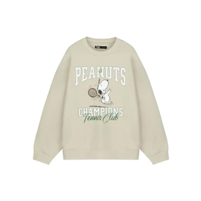 Image of Peanuts Snoopy Unisex Beige Sweatshirt Tennis Graphic Sweater Vintage Charlie Brown Pullover Retro Cartoon Apparel for Men &amp; Women