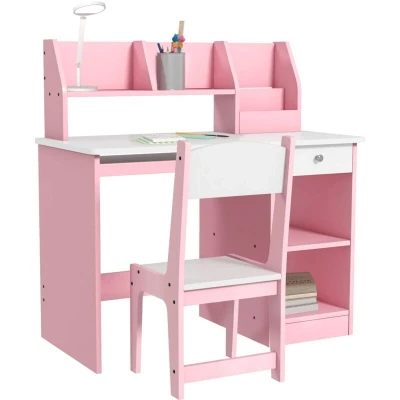 Image of ZONEKIZ Kids Desk and Chair Set with Storage, for Ages 5 8 Years, 2 Piece Children Table Keyboard Drawer, Pink