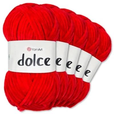 Image of Frida&#039;s Wollhaus YarnArt 5 x 100g Dolce Chenille Wool Yarn Knitting Crochet Amigurumi 52 Colours (748 Fire Red)