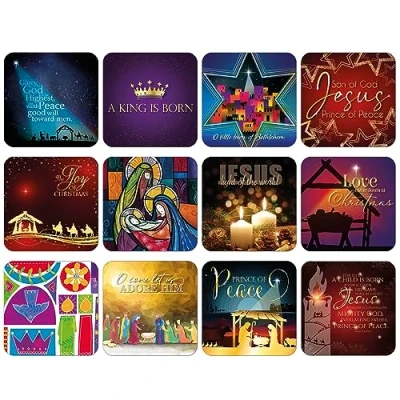 Image of Christmas coasters, Pack of 12 cork each a different design, with inspirational words. Beautiful Chirstmas gifts for women or men, by Just Cards Direct (C281)