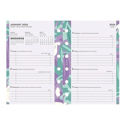 Image of Filofax Calendar Diary Refill, Pocket Size, Week to View, Illustrated Floral Pack with Four Color Print Design, Multilingual: Five Languages, 2024 (C6321 24)