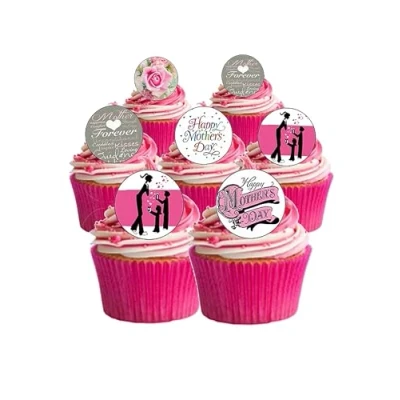 Image of 24 Precut Round Happy Mothers Day Edible Wafer Paper Cake Toppers Decorations