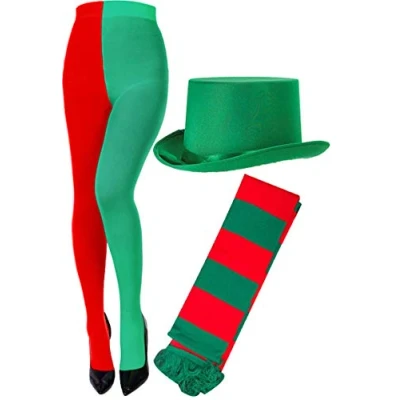 Image of labreeze Ladies Elf Santa Helper Red Green Tights Satin Top Hat Scarf Christmas Fancy Dress