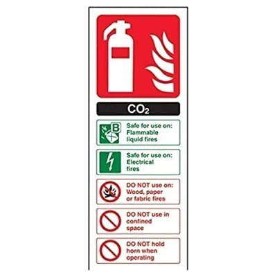 Image of V Safety 11004AC S Co2 Id Fire Extinguisher Sign, Portrait, Self Adhesive Vinyl, Black/Green/Red, 75 mm x 200