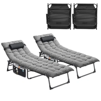 Image of YITAHOME Reclining Sun Lounger Set of 2 with Cushion 190x68x31cm Folding Bed 5 Position Adjustable, Sunloungers Headrest &amp; Side Pocket Load Capacity 300lbs for Garden, Beach, Camping, Gray