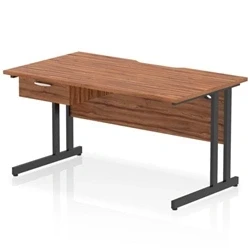 Image of Impulse 1400 x 800mm Scalloped Edge Straight Office Desk Walnut Top Black Cantilever Leg Workstation 1 Drawer Fixed Pedestal