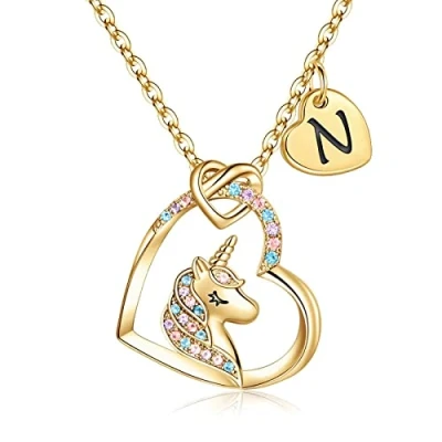 Image of TINGN Unicorn Gifts for Girls, 14K Gold Plated Initial A Heart Pendant CZ Letter Necklace Girls 6 Year Old Girl Birthday Women Jewelry