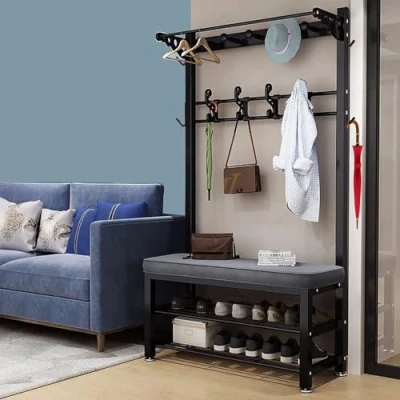 Image of WPPTNSFY Metal Coat Rack with Shoe Bench and Hook, Multifunctional Entry Rack, Easy to Assemble for Living Room, Hallway 80/100 * 33 172CM