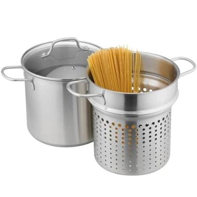 Image of Navaris Stainless Steel Pasta Pot, 5.7 L (6.1 Qt) Versatile Pot for Pasta, Vegetables and More Suitable Induction, Gas, Electric &amp; Oven Dishwasher Safe