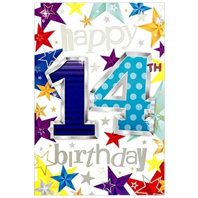 Image of Age 14th Birthday Card Blue 14 &amp; Stars with Silver Foil Detail 7.75 x 5.25&quot;