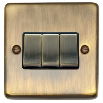 Image of G&amp;H Brassware CAB303 2 Way Three Gang Antique Brass Light Switch Metal Rockers and Black Inserts