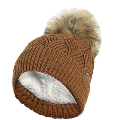 Image of RockJock Ladies Warm Chunky Diamond Cable Knit Hat with Thermal Teddy Fleece Lining and Detachable Faux Fur Pompom Chestnut