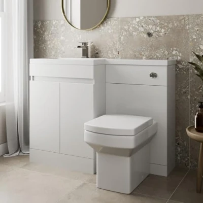 Image of Artis 1100mm Combination Vanity Unit Furniture Set, Wash Basin Bathroom Sink, BTW Toilet Pan &amp; Soft Close Seat, L Shaped Storage Cabinet, Left Hand, White Gloss