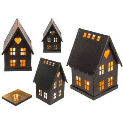 Image of Out of the blue Tea Light House, Black Metal, Decorative House with Heart Window, 14 x 13 20 cm
