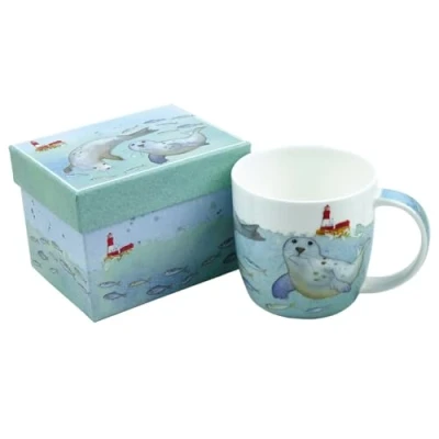 Image of Emma Ball Bone China Mug with Gift Box 350ml Swimming Seals Fish Lighthouse