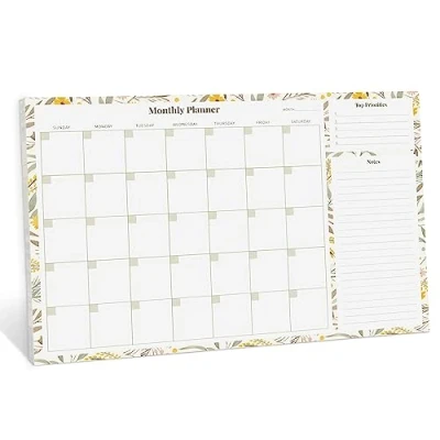 Image of Rileys Monthly Planner Desk Pad, Undated Calendar with 52 Tearaway Sheets, Wide To Do Notepad Top Priorities and Notes Sections, Printed Border, 16.5 x 11.4&quot; (Floral Yellow)