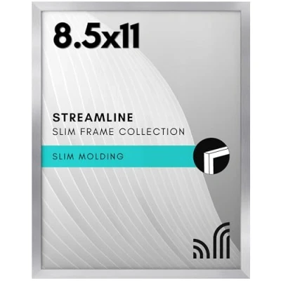 Image of Americanflat 8.5x11 Picture Frame with Shatter Resistant Glass Streamline Collection Thin Border Photo for Wall and Tabletop Display Hanging Hardware Easel Back Included Silver