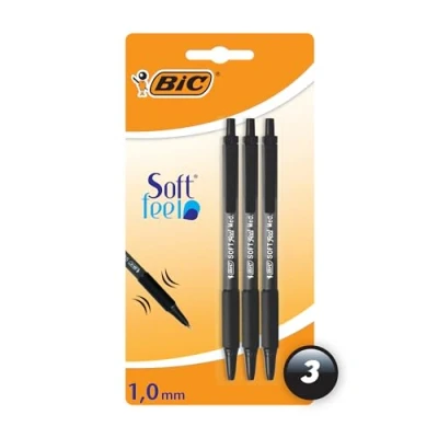 Image of BIC Soft Feel Ballpoint Pens Black Pack of 3 Medium Point (1.0 mm) with Rubber Grip for Comfort, Count (Pack 1)