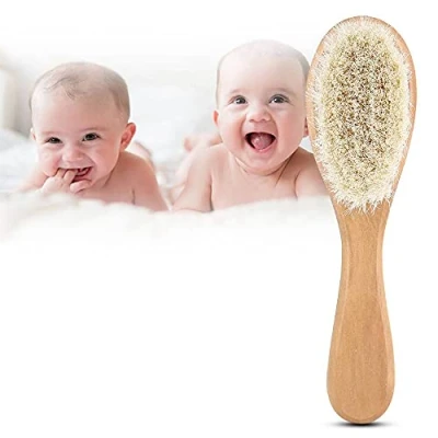 Image of Baby Hair Brush with Wooden Handle Goat Bristles Infant Head Massage Grooming Comb