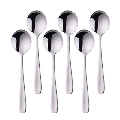 Image of BISDARUN Round Soup Spoons Set of 6 Silver Dinner 18/10 Stainless Steel Table 17.5 cm Length, 4.5 Width